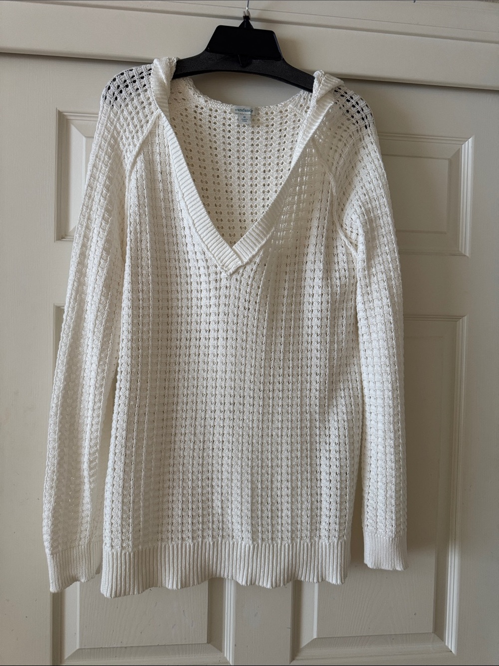 Women's Sundance Brand White Hooded V-Neck Open Knit Sweater